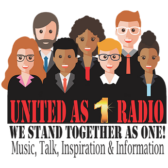 United As 1 Radio: Station Logo, with the text: We stand together as one! Music, Talk, Inspiration, and  information