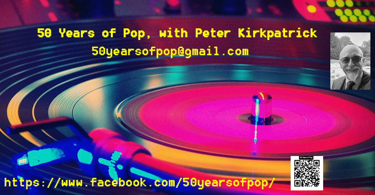 The logo for the show: 50 Years of Pop with Peter Kirkpatrick, a record player with a facebook url of facebook.com/50yearsofpop/