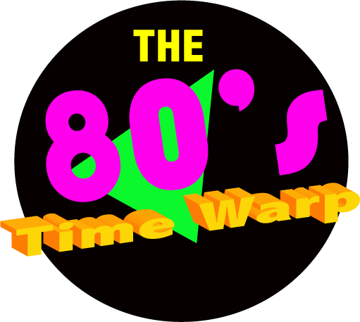 The logo for The 80s Time Warp Show, black circle,pink 80