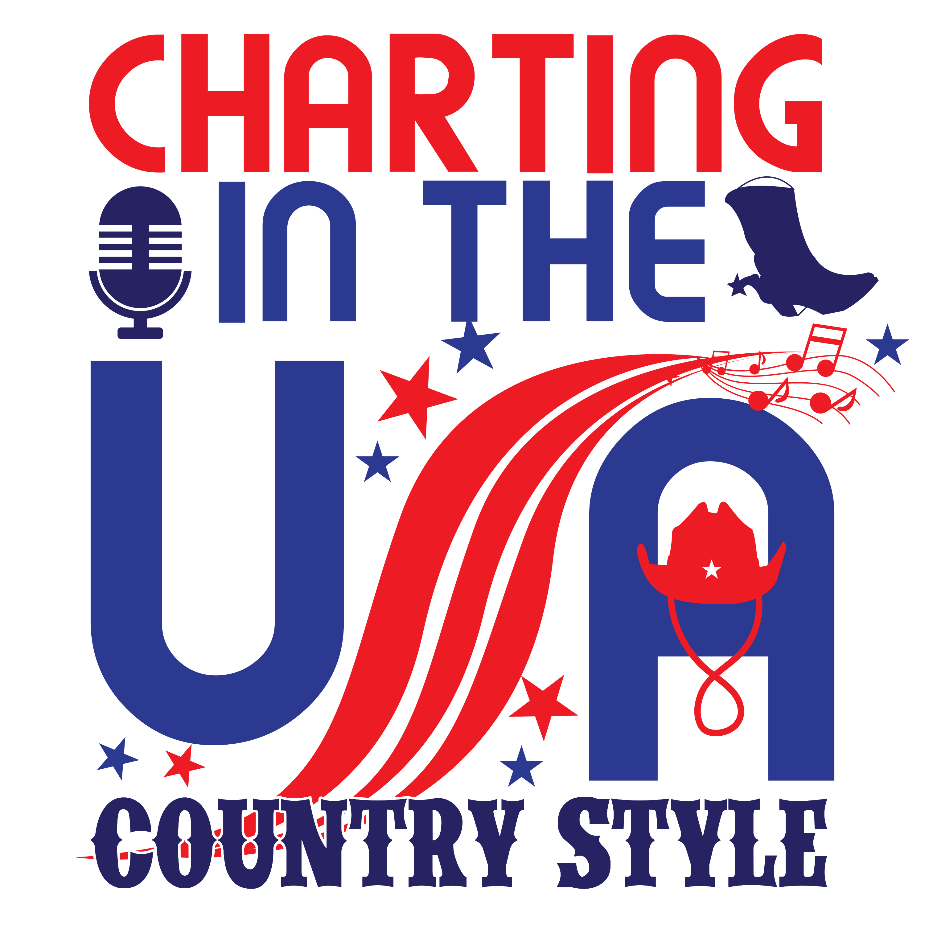 Banner for the Charting In the The USA, country style. Red and blue lettering, red and blue lettering with music notes and stars. A cowboy hat sitting on the A.