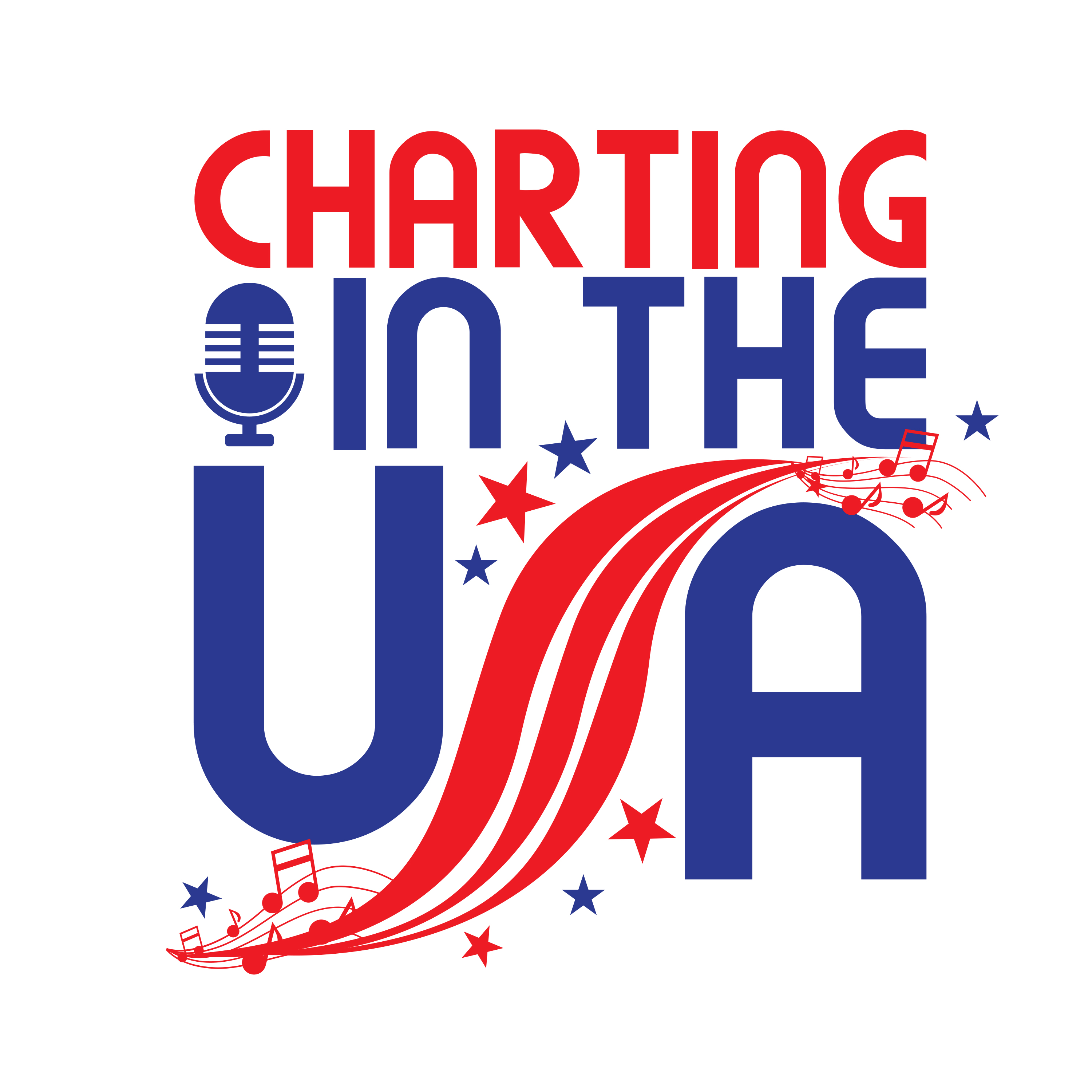 The logo for Charting in the USA. White background.  Lettering is Red and Blue, with Red and Blue  stars with music notes.