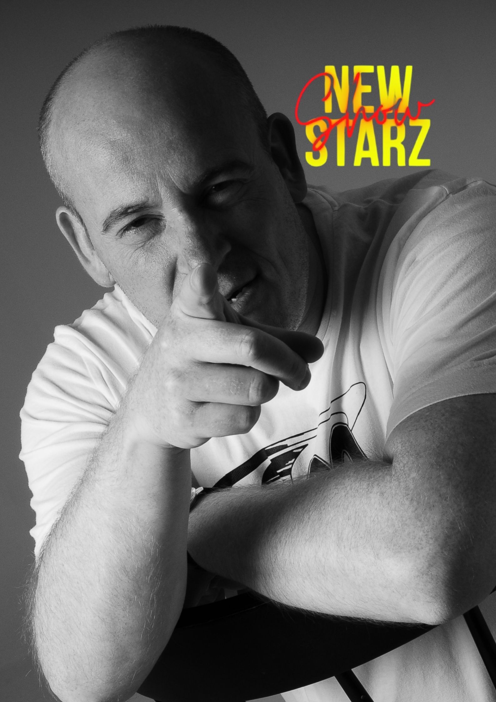 Guy Pointing with New Starz Show in cursive.