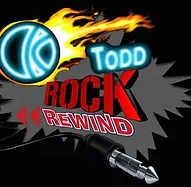 K Todds Logo for Rock Rewind, K in a blue ball, with flames, rock in red, and rewind red with white outline. Also has a Mic plugin the logo.