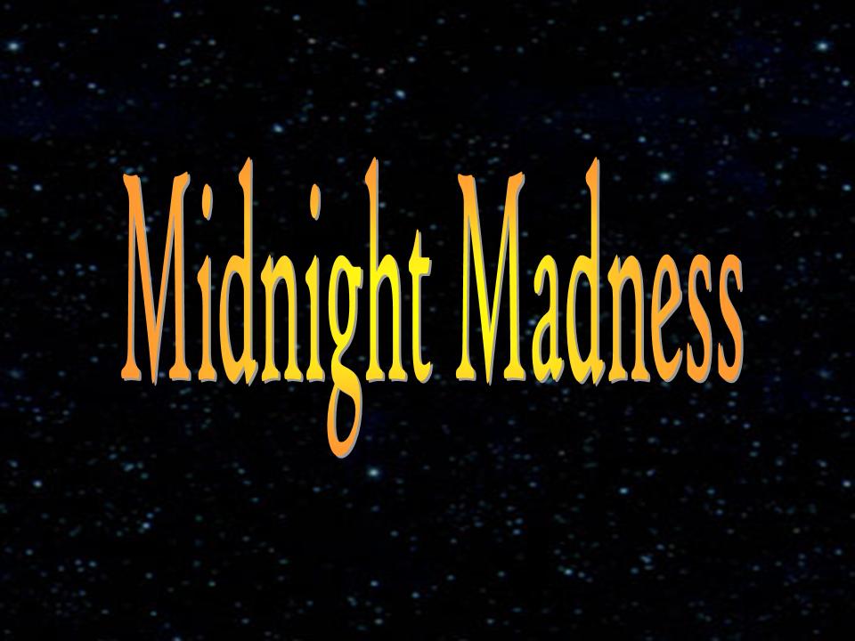 Midnight Madness Logo, black background with stars, yellow lettering.