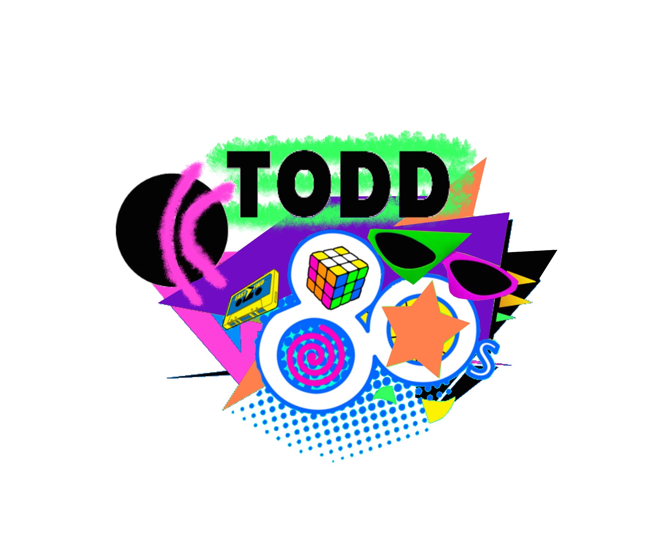 The show banner for K-Todd 80s show. Pink color k, with an 80s with a rubic cube and more.