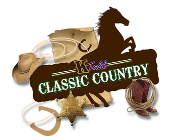 The logo for K-Todds Classic Country show. The logo has a cowboy hat, with rodeo rope, a horse silhouette, along with cowboy boots, and a horseshoe in the corner. 